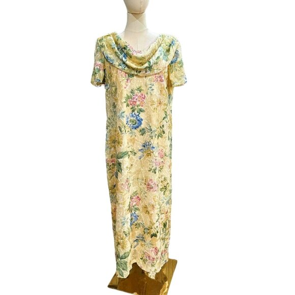 Vintage 80s HELENE BLAKE Maxi Dress Size 14 Yellow Floral Draped Neckline V Back - Picture 1 of 9